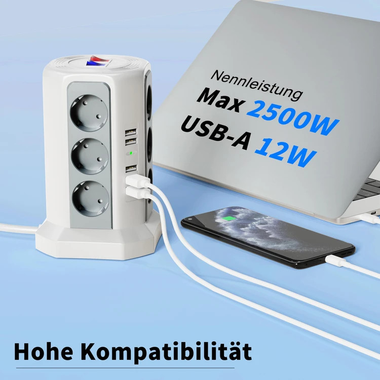 چندراهی برق کوتومای 2500w و 12 پریز و ۵ پورت USB با کابل 1.80 سانتیمتری