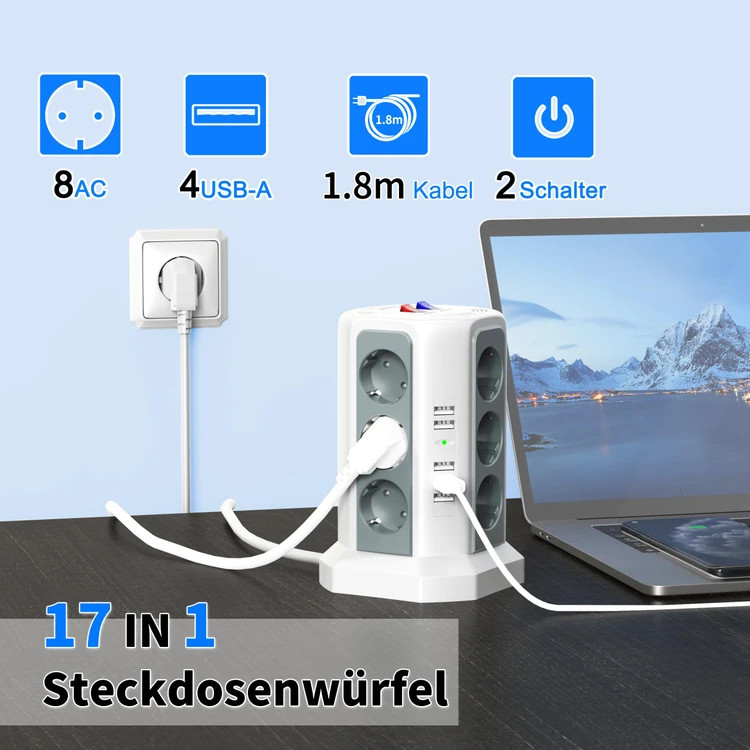 چندراهی برق کوتومای 2500w و 12 پریز و ۵ پورت USB با کابل 1.80 سانتیمتری
