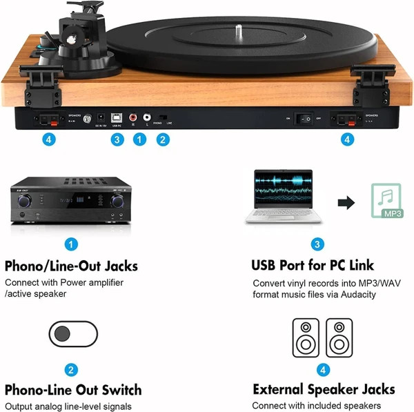 گرامافون چوبی رومیزی با سیستم HiFi و بلوتوثی با دو بلندگوی جداگانه