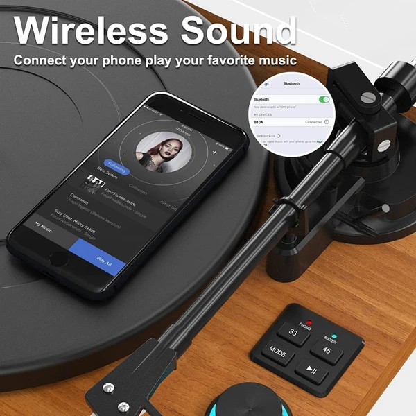 گرامافون چوبی رومیزی با سیستم HiFi و بلوتوثی با دو بلندگوی جداگانه