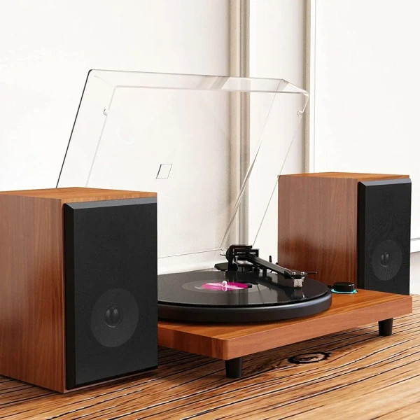 گرامافون چوبی رومیزی با سیستم HiFi و بلوتوثی با دو بلندگوی جداگانه