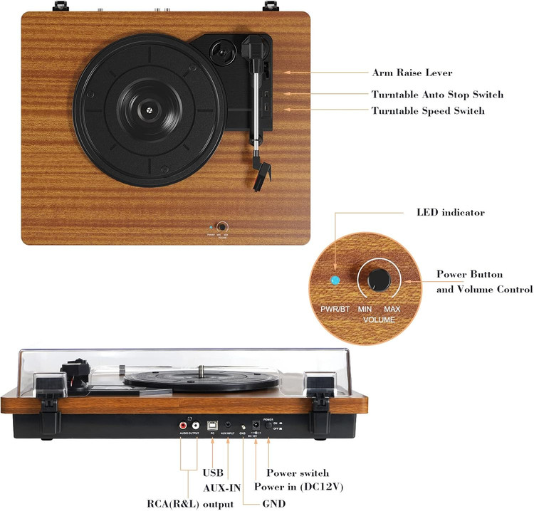 گرامافون بلوتوثی چوبی مدل M514 سه سرعته با 2 اسپیکر جانبی و تبدیل وینیل به MP3