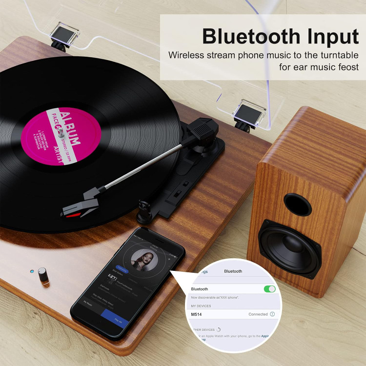 گرامافون بلوتوثی چوبی مدل M514 سه سرعته با 2 اسپیکر جانبی و تبدیل وینیل به MP3