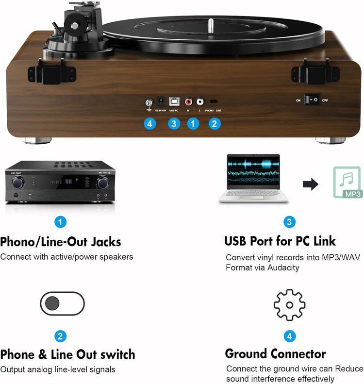 گرامافون چوبی بلوتوثی برند DIGITNOW! دو سرعته با خروجی RCA و تبدیل وینیل به MP3