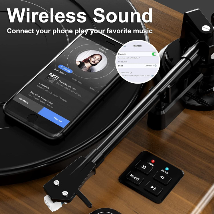 گرامافون چوبی بلوتوثی برند DIGITNOW! دو سرعته با خروجی RCA و تبدیل وینیل به MP3