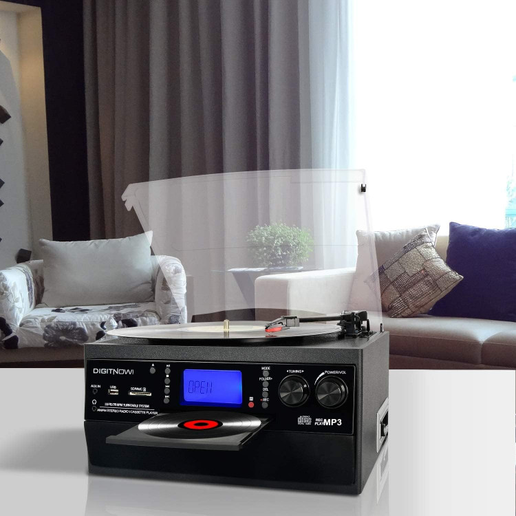 گرامافون بلوتوثی DIGITNOW! با بلندگوی استریو | تبدیل وینیل LP به MP3، پخش CD و کاست، رادیو، AUX، USB و SD با کنترل از راه دور