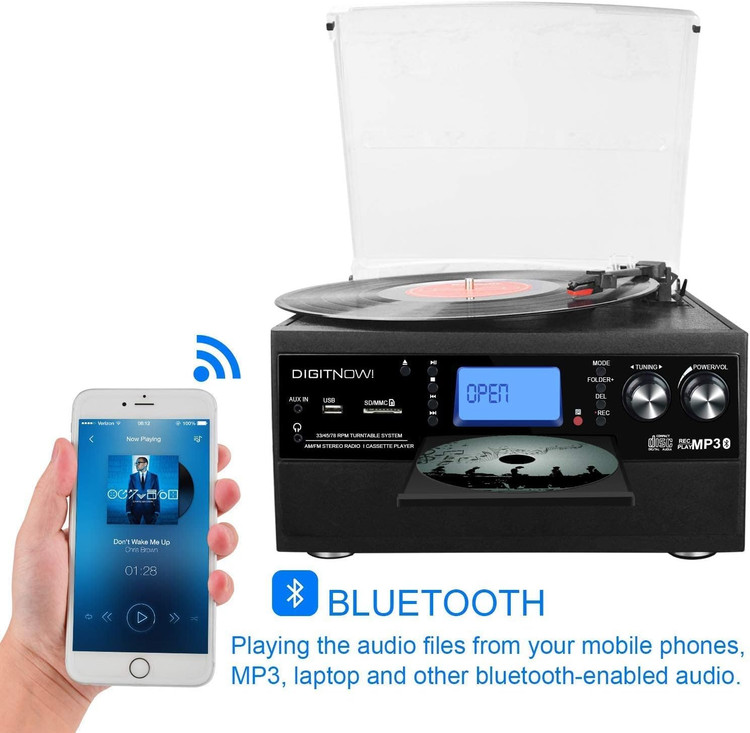 گرامافون بلوتوثی DIGITNOW! با بلندگوی استریو | تبدیل وینیل LP به MP3، پخش CD و کاست، رادیو، AUX، USB و SD با کنترل از راه دور