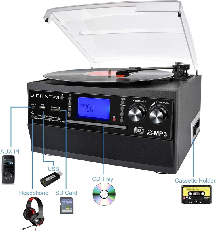گرامافون بلوتوثی DIGITNOW! با بلندگوی استریو | تبدیل وینیل LP به MP3، پخش CD و کاست، رادیو، AUX، USB و SD با کنترل از راه دور