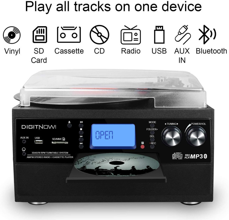 گرامافون بلوتوثی DIGITNOW! با بلندگوی استریو | تبدیل وینیل LP به MP3، پخش CD و کاست، رادیو، AUX، USB و SD با کنترل از راه دور