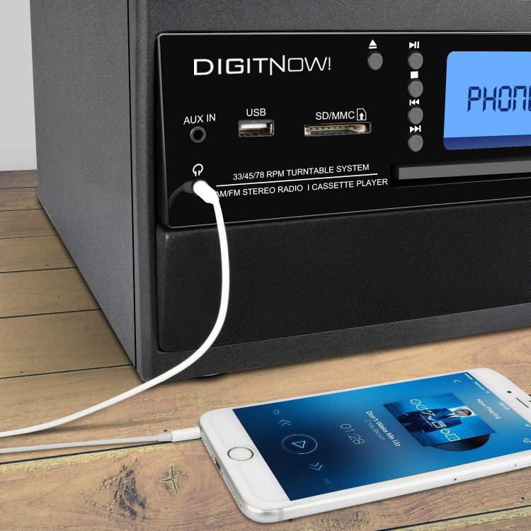 گرامافون بلوتوثی DIGITNOW! با بلندگوی استریو | تبدیل وینیل LP به MP3، پخش CD و کاست، رادیو، AUX، USB و SD با کنترل از راه دور
