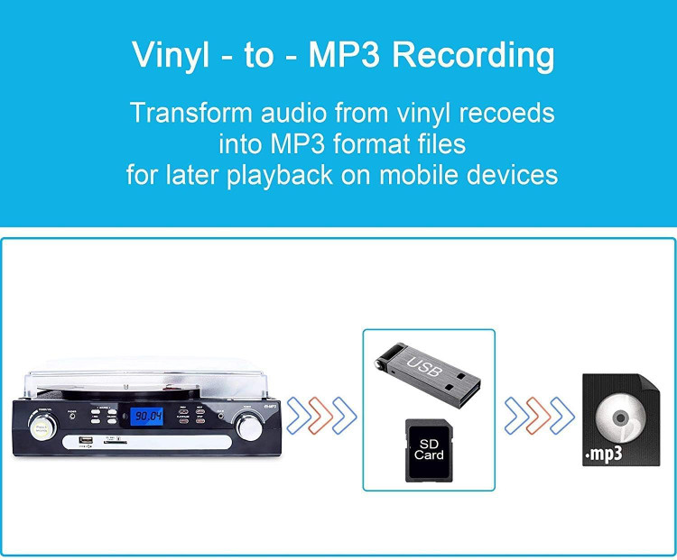 گرامافون بلوتوثی برندDIGITNOW! قابلیت تبدیل وینیل به MP3 | کاست، رادیو AM/FM، USB/SD