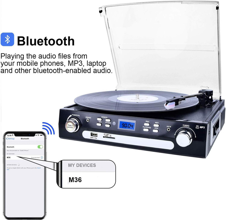 گرامافون بلوتوثی برندDIGITNOW! قابلیت تبدیل وینیل به MP3 | کاست، رادیو AM/FM، USB/SD