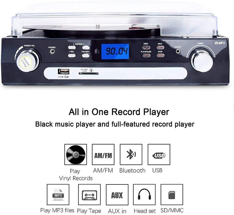 گرامافون بلوتوثی برندDIGITNOW! قابلیت تبدیل وینیل به MP3 | کاست، رادیو AM/FM، USB/SD