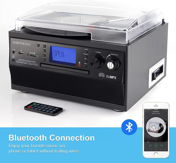 گرامافون بلوتوثی برند DIGITNOW! تبدیل وینیل LP به MP3، با 2 بلندگوی جانبی | پخش CD و کاست، رادیو، AUX، USB و SD با کنترل از راه دور با دو اسپیکر جانبی استریو