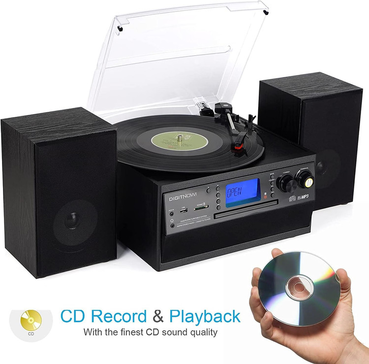 گرامافون بلوتوثی برند DIGITNOW! تبدیل وینیل LP به MP3، با 2 بلندگوی جانبی | پخش CD و کاست، رادیو، AUX، USB و SD با کنترل از راه دور با دو اسپیکر جانبی استریو