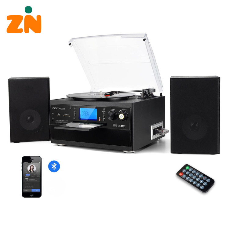 گرامافون بلوتوثی برند DIGITNOW! تبدیل وینیل LP به MP3، با 2 بلندگوی جانبی | پخش CD و کاست، رادیو، AUX، USB و SD با کنترل از راه دور با دو اسپیکر جانبی استریو