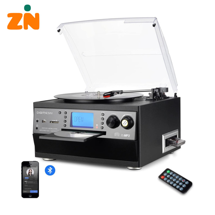 گرامافون بلوتوثی DIGITNOW! با بلندگوی استریو | تبدیل وینیل LP به MP3، پخش CD و کاست، رادیو، AUX، USB و SD با کنترل از راه دور