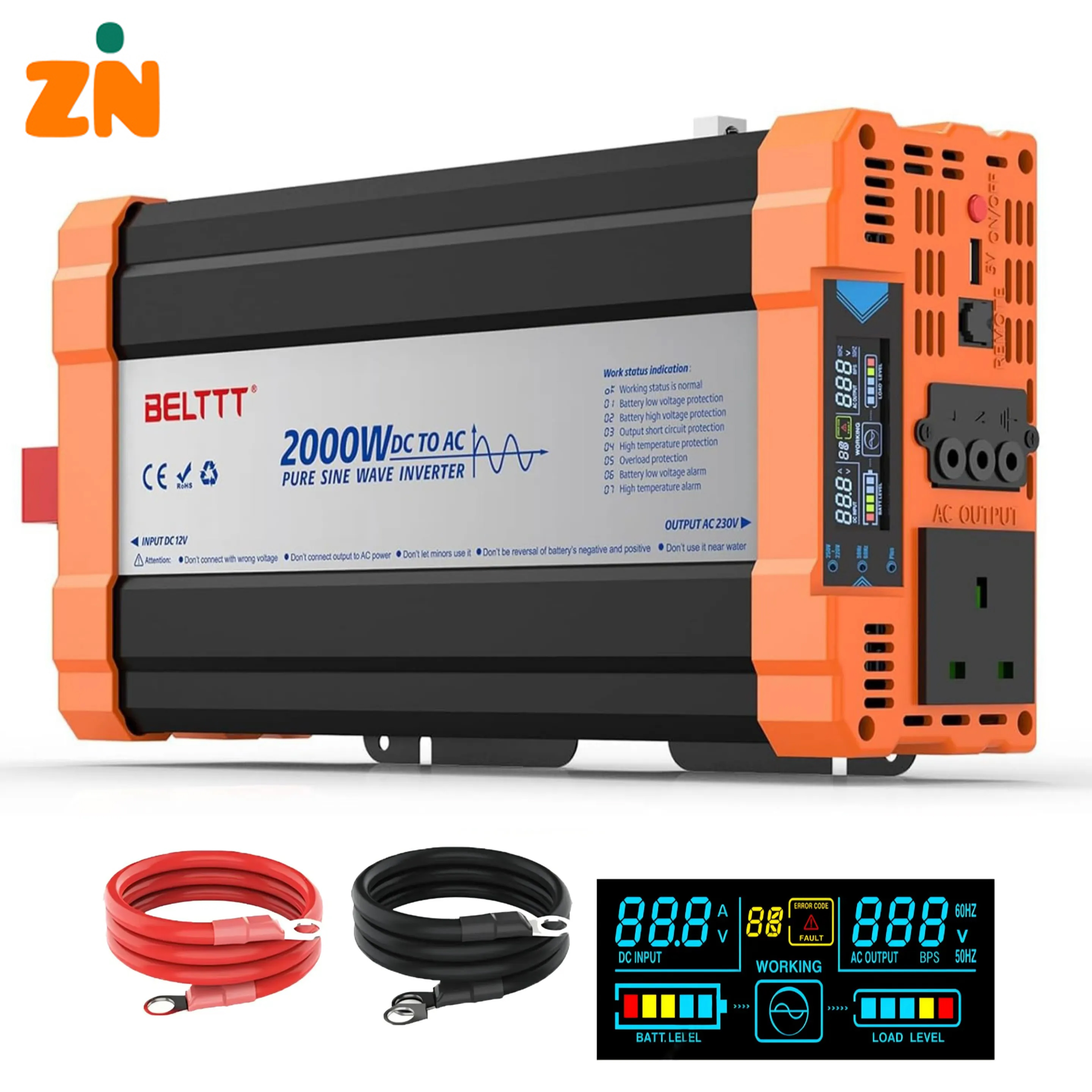 اینورتر برق BELTTT BAP2000A توان 2000 وات، 12V به 230V، موج سینوسی خالص با نمایشگر LED