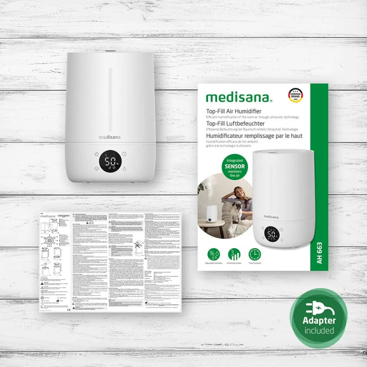 رطوبتساز هوا مدیسانا مدل Medisana AH 675 با فناوری اولتراسونیک، رطوبتسنج و بخار سرد و گرم